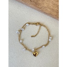 Aida Jewelss 316 L Cerrahi Çelik Incili Çift Zincir Kalpli Altın Modeli Paslanmaz Kararmaz Çelik Halhal