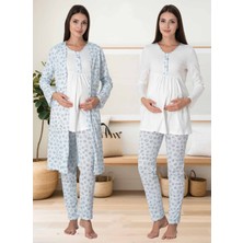 Dvina Effortt Lohusa Desenli Sabahlıklı Pijama Takımı Ekru-Mavi - 3064