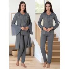 Dvina Effortt Lohusa Sabahlıklı Pijama Takımı Füme - 3084