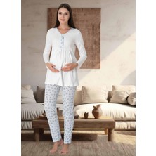 Dvina Effortt Lohusa Desenli Pijama Takımı Ekru-Mavi - 3062