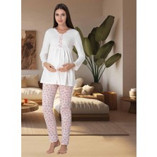 Dvina Effortt Lohusa Desenli Pijama Takımı Ekru-Pembe - 3062