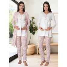 Dvina Effortt Lohusa Desenli Sabahlıklı Pijama Takımı Ekru-Pembe - 3064