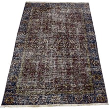 Vintage El Dokuma Bordo Nadir Ince Çiçekli Yün Halı 5984