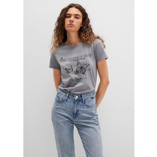 Mavi Kelebek Baskılı Gri Tişört 1613453-91066