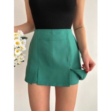 Çift Yırtmaçlı Atlas Şort Etek Yeşil S240364