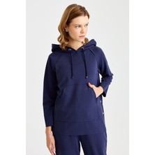Desen Triko Kadın Kapüşonlu Yanı Çıtçıtlı Cepli Sweat Lacivert