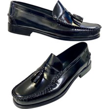 Erkek Püsküllü Loafer Deri Siyah Açma Içi Deri Kösele TABAN-671-SİYAH