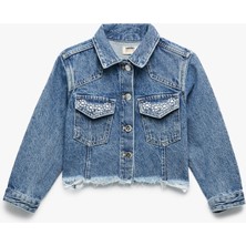 Uzun Kollu Taş Detaylı Cepli Pamuklu Denim Ceket