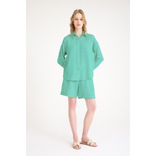 Yazlık Uzun Kol Gömlek Şort Ikili Keten Su Yeşili Takım