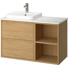 Lavabo Dolabı Kombinasyonu, Meşe Görünümlü-Beyaz Mermer Görünüm, 102X49X71 Cm, Brogrund Batarya, Açık Dolaplı