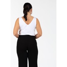 Hıly Beli Lastikli Yırtmaç Detaylı Büyük Beden Kaşkorse Pantolon Siyah