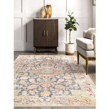 Rug Season Renkli Göbekli Beyaz Düğüm Desenli Eskitme Model Dokuma Taban Kilim