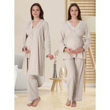 Dvina Effortt Lohusa Sabahlıklı Pijama Takımı Bej - 3054