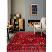 Rug Season Vitage Kırmızı Etnik Desenli Eskitme Model Dokuma Taban Kilim