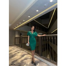 Kadın Dalgıç Krep V Yaka ve Sırt Dekolte Detaylı Elbise S-Yeşil