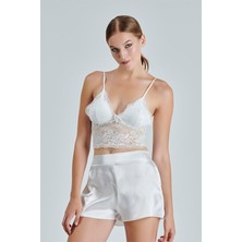 Alissa Kadın Ekru Saten Çeyiz Seti 6 Parça Dantelli Sabahlık Gecelik Pijama Şortlu Takım