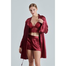 Alissa Kadın Bordo Saten Çeyiz Seti 6 Parça Dantelli Sabahlık Gecelik Pijama Şortlu Takım