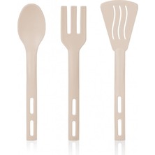 3lü Mini Plastik Spatula Kaşık Çatal Servis Seti Takımı Krem