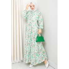 Elera Desenli Yarasa Kol Tesettür Elbise 1572 - Yeşil