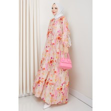 Çiçek Desenli Yarasa Kol Tesettür Elbise 1570 - Pembe