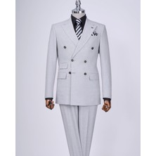 Terzi Adem Altun İtalyan stil slim fit desenli  kruvaze ceket pantolon takım elbise gri T11799
