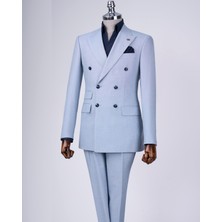 İtalyan Stil Slim Fit Erkek Kruvaze Ceket Pantolon Takım Elbise Mavi T12982