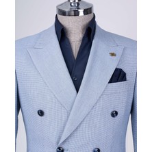 İtalyan Stil Slim Fit Erkek Kruvaze Ceket Pantolon Takım Elbise Mavi T12982