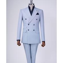İtalyan Stil Slim Fit Erkek Kruvaze Ceket Pantolon Takım Elbise Mavi T12982
