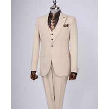 İtalyan Stil Çizgili Ceket Yelek Pantolon Takım Elbise Bej T13054