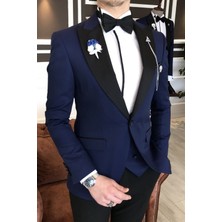 Terzi Adem İtalyan Kesim Ceket Yelek Pantolon Lacivert Damatlık Set T3460