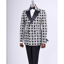 Terzi Adem Altun İtalyan stil slim fit desenli kruvaze ceket pantolon damatlık set siyah T11573