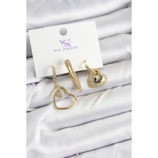 Pirinç Zirkon Taşlı Kalp Model Gold Renk 3'lü Kadın Küpe