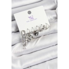 Pirinç Zirkon Taşlı Dikdörtgen Model Gümüş Renk 3'lü Çift Kadın Küpe