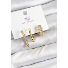 Pirinç Zirkon Taşlı Yıldız Model Gold Renk 3'lü Kadın Küpe
