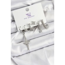 Pirinç Zirkon Taşlı Kutup Yıldızı Model Gümüş Renk 3'lü Çift Kadın Küpe