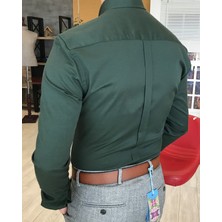 Terzi Adem İtalyan Stil Slim Fit Dik Yaka Saten Erkek Gömlek Yeşil T4743