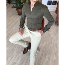 Terzi Adem Italyan Stil Slim Fit Dik Yaka Saten Erkek Gömlek Haki T4745