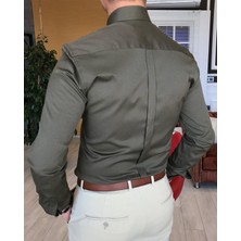Terzi Adem Italyan Stil Slim Fit Dik Yaka Saten Erkek Gömlek Haki T4745