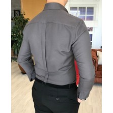 Terzi Adem İtalyan Stil Slim Fit Dik Yaka Saten Erkek Gömlek Koyu Gri T4737