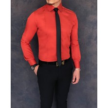 Terzi Adem Italyan Stil Slim Fit Erkek Kravat Yaka Gömlek Kiremit T5904