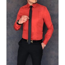 Terzi Adem Italyan Stil Slim Fit Erkek Kravat Yaka Gömlek Kiremit T5904