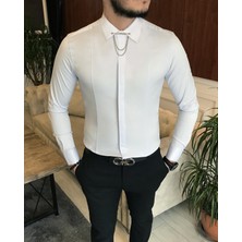 Terzi Adem Italyan Kesim Slim Erkek  Saten Buz Mavisi Zincirli Gömlek T6792