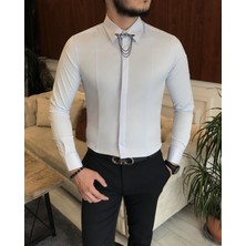 Terzi Adem Italyan Kesim Slim Erkek  Saten Buz Mavisi Zincirli Gömlek T6792