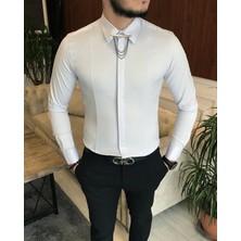 Terzi Adem Italyan Kesim Slim Erkek  Saten Buz Mavisi Zincirli Gömlek T6792