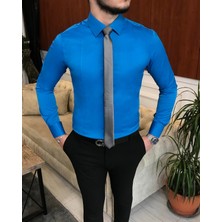 Terzi Adem Italyan Stil Slim Fit Erkek Kravat Yaka Gömlek Saks T6815