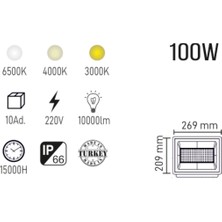 100WATT LED Projektör | Beyaz Işık | Bahçe, Halı Saha, Dış Mekan Aydınlatma | IP66 Su Geçirmez