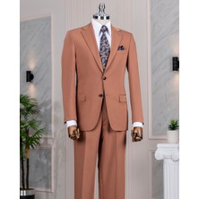 Italyan Stil Slim Fit Mono Yaka Ceket Pantolon Takım Elbise Kahverengi T14236