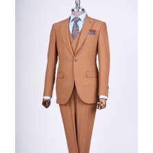 Italyan Stil Slim Fit Erkek Ceket Yelek Pantolon Takım Elbise Taba T12978