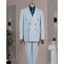 Italyan Stil Kruvaze Ceket Pantolon Takım Elbise Mavi T14388