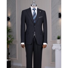 İtalyan stil slim fit sivri yaka ceket yelek pantolon takım elbise lacivert T14288